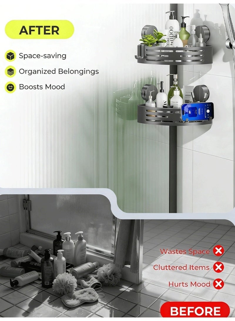 طقم رف دش مكون من قطعتين مزود بقاعدة شفط رف تخزين للحمام لا يحتاج إلى ثقب رف دش زاوية رمادي - Image 4